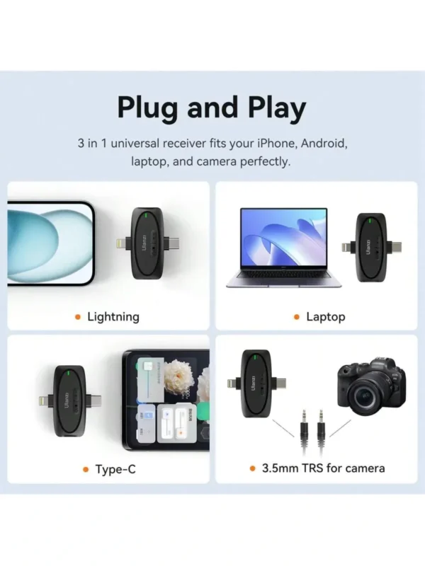Ulanzi V6 3-in-1 Plug-Play Wireless Lavalier Microphone for iPhone/Android/Camera